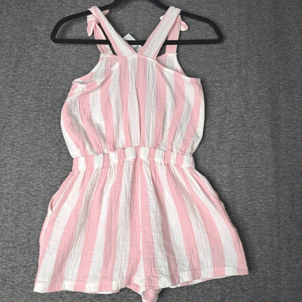 NWT Vertbaudet Romper Girls 6 Pink White Striped Sleeveless Ruffle Trim Jumpsuit